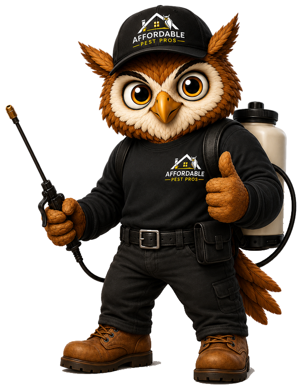 Affordable Pest Pros owl mascot ready for service
