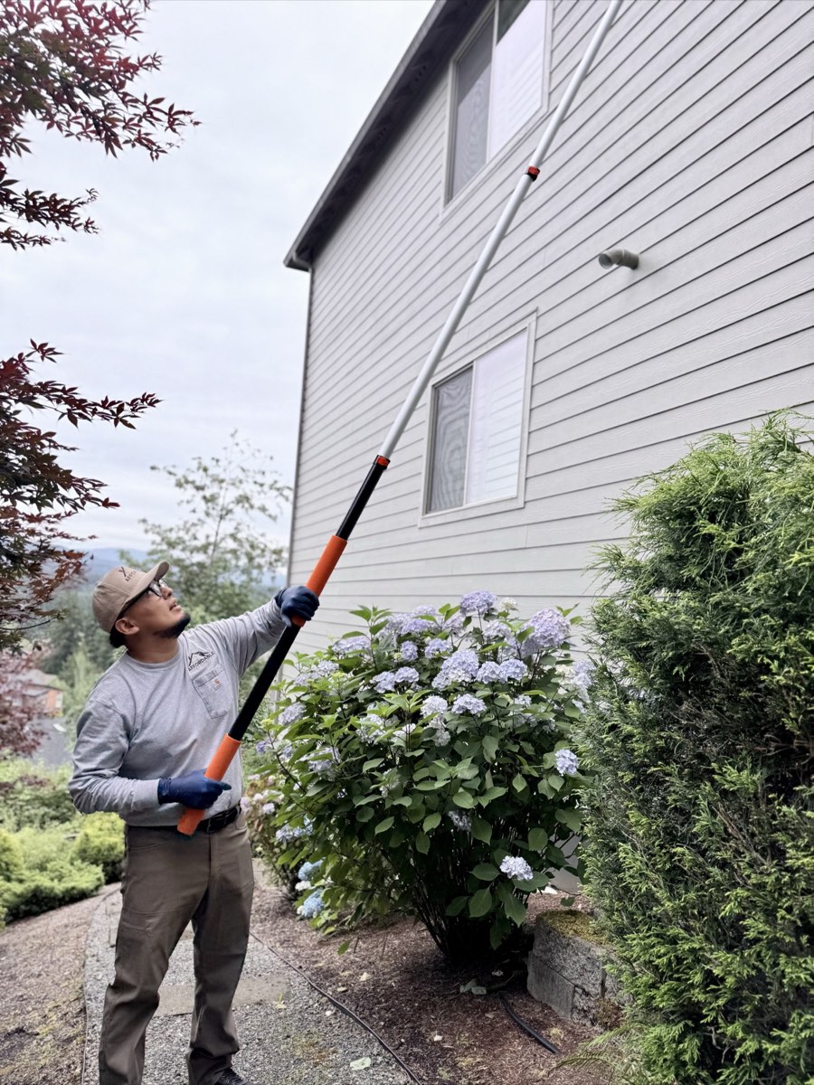 Affordable Pest Pros technician treating upper exterior eaves
